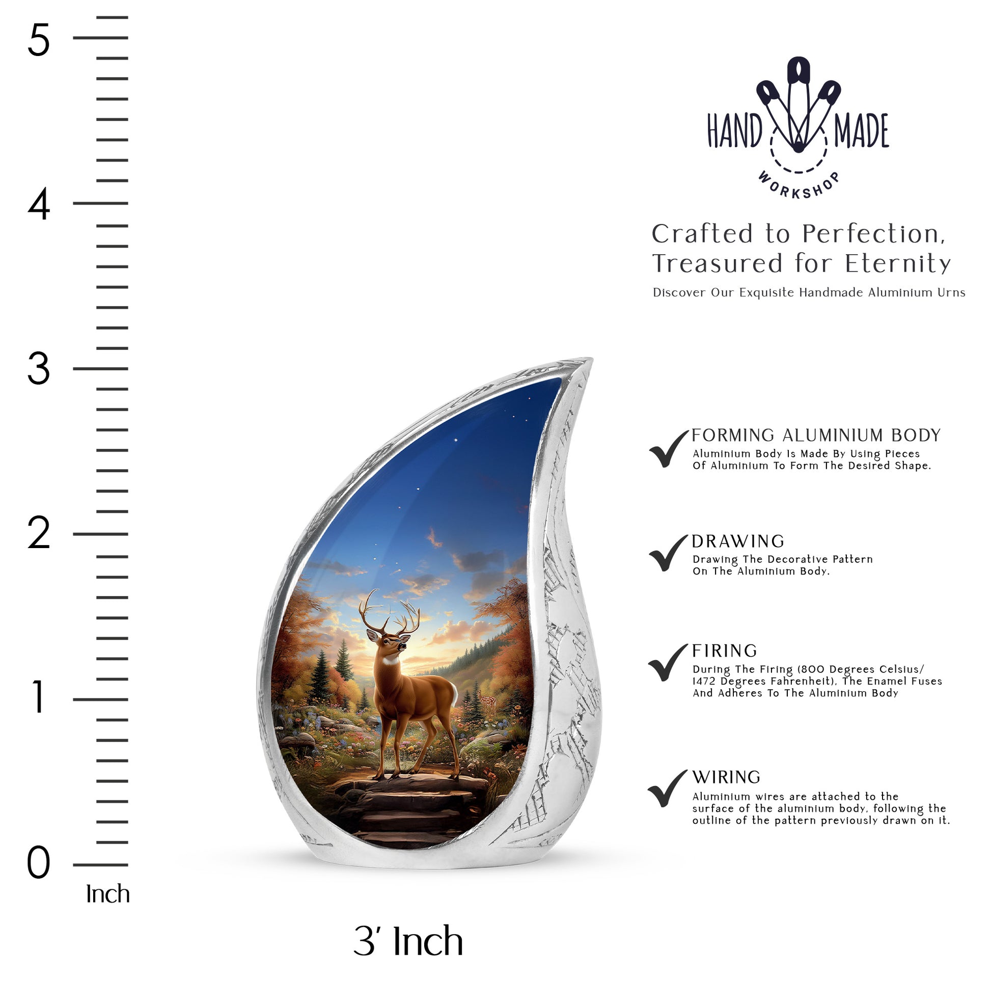 Sky Blue Deer Cremation Urn angled view of lid and engraved motif - rounded teardrop deer design with delicate detail - mini keepsake memorial for portion of cremation ashes