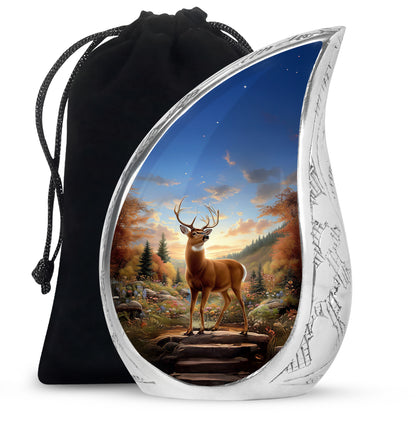 Vivid Blue Deer Cremation Urn front view showing detailed design - graceful tear-shaped urn with deer motif - full-size 10 inch 200 cubic inch adult cremation urn