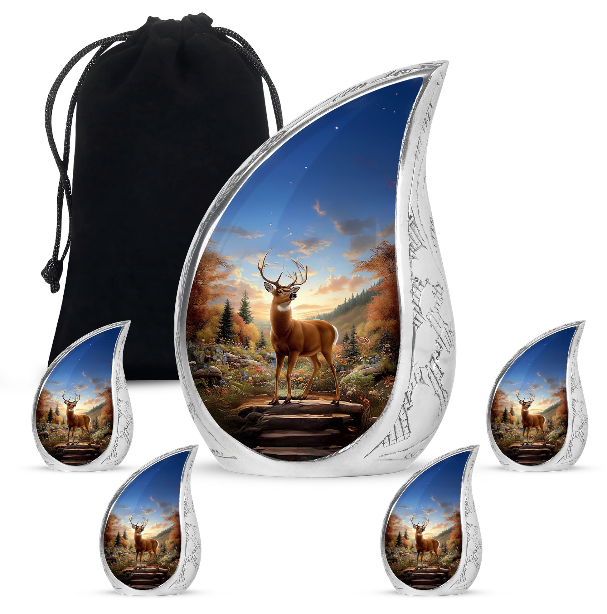 Cornflower Blue Deer Cremation Urn side profile showing urn shape - smooth teardrop contour featuring deer art - memorial set with one large and four small urns