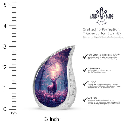 Pastel Blue Deer Cremation Urn angled view of lid and engraved motif - rounded teardrop deer design with delicate detail - mini keepsake memorial for portion of cremation ashes