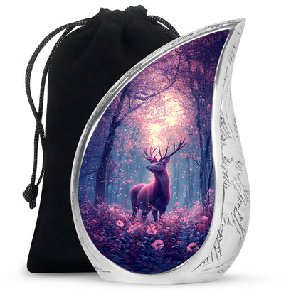 Navy Blue Deer Cremation Urn front view showing detailed design - flowing teardrop deer silhouette on curved aluminum - full-size 10 inch 200 cubic inch adult cremation urn