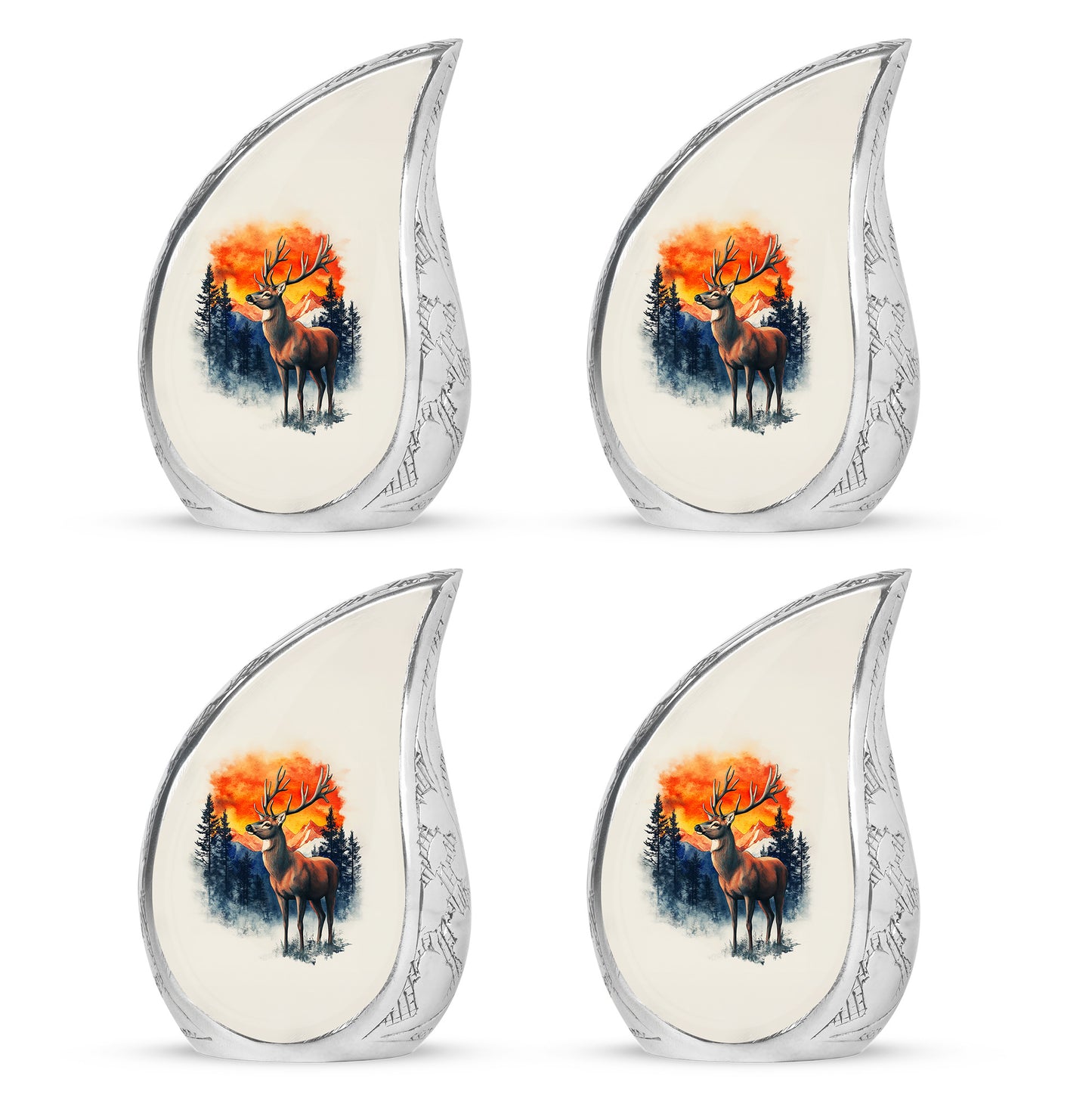 Platinum Silver Deer Cremation Urn close-up of engraving and surface detail - flowing teardrop deer silhouette on curved aluminum - 10 inch aluminum urn for cremated remains