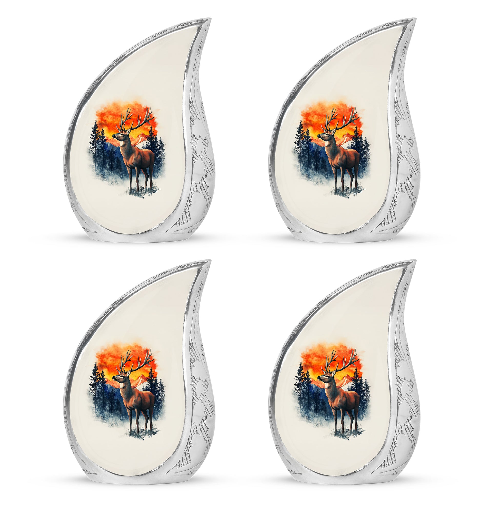 Platinum Silver Deer Cremation Urn close-up of engraving and surface detail - flowing teardrop deer silhouette on curved aluminum - 10 inch aluminum urn for cremated remains