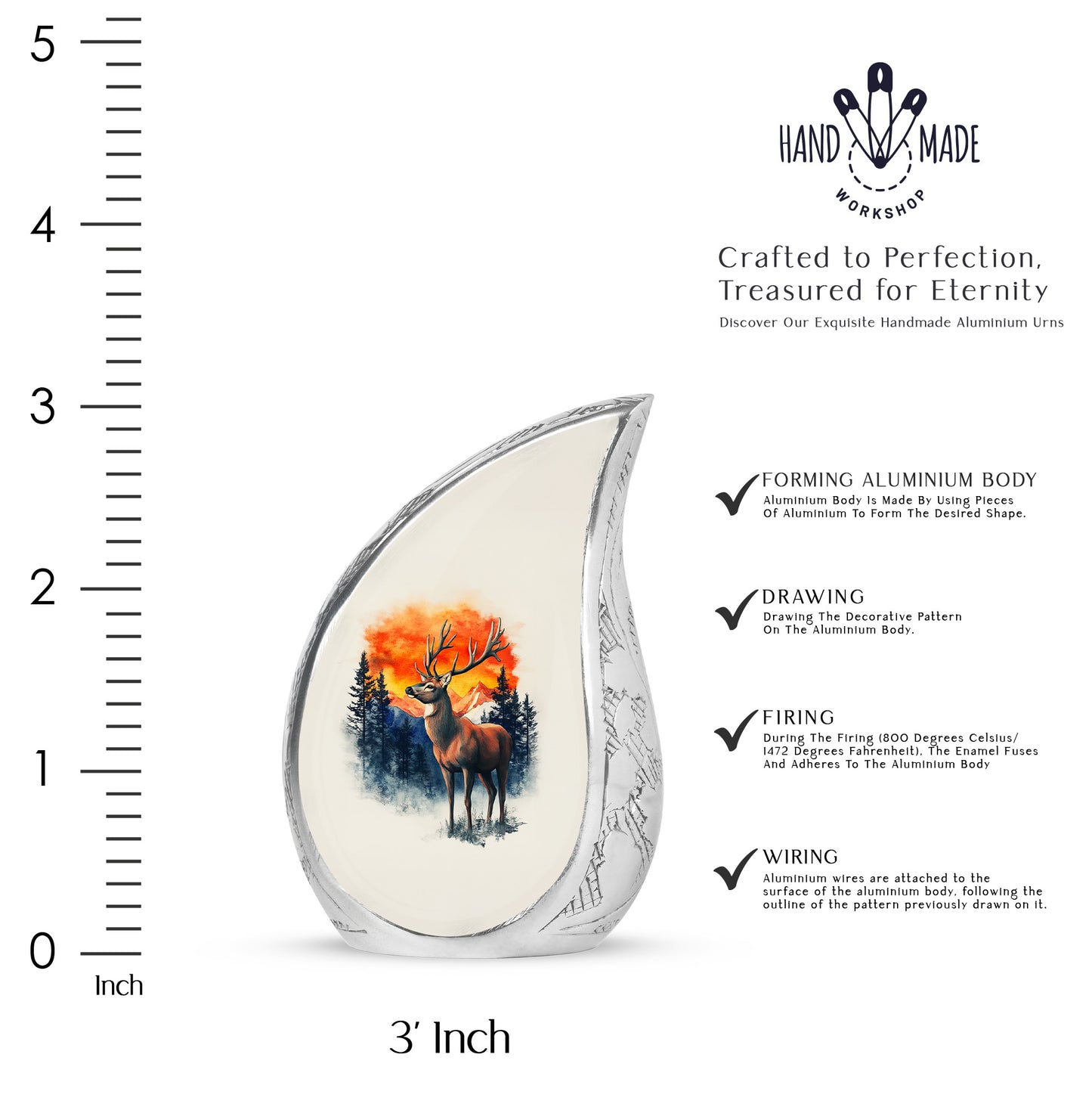 Frosted Silver Deer Cremation Urn angled view of lid and engraved motif - graceful tear-shaped urn with deer motif - mini keepsake memorial for portion of cremation ashes