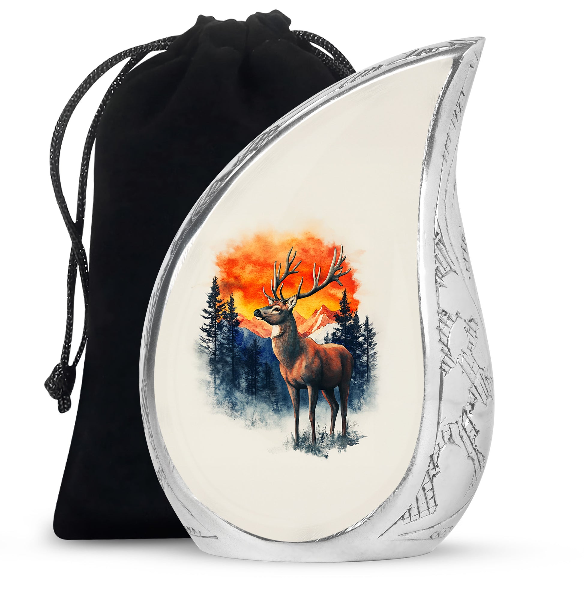 Satin Silver Deer Cremation Urn front view showing detailed design - flowing teardrop deer silhouette on curved aluminum - full-size 10 inch 200 cubic inch adult cremation urn