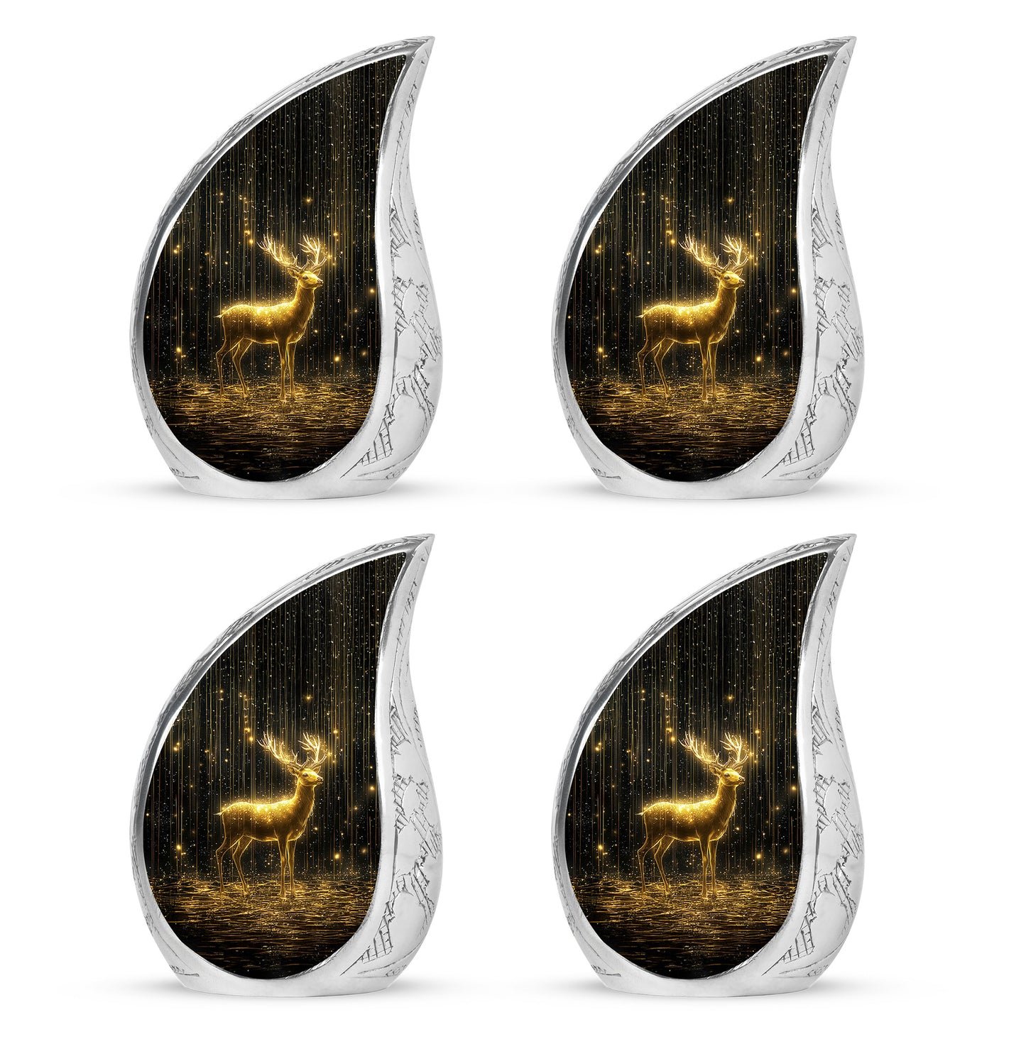 Onyx Black Deer Cremation Urn close-up of engraving and surface detail - smooth teardrop contour featuring deer art - 10 inch aluminum urn for cremated remains