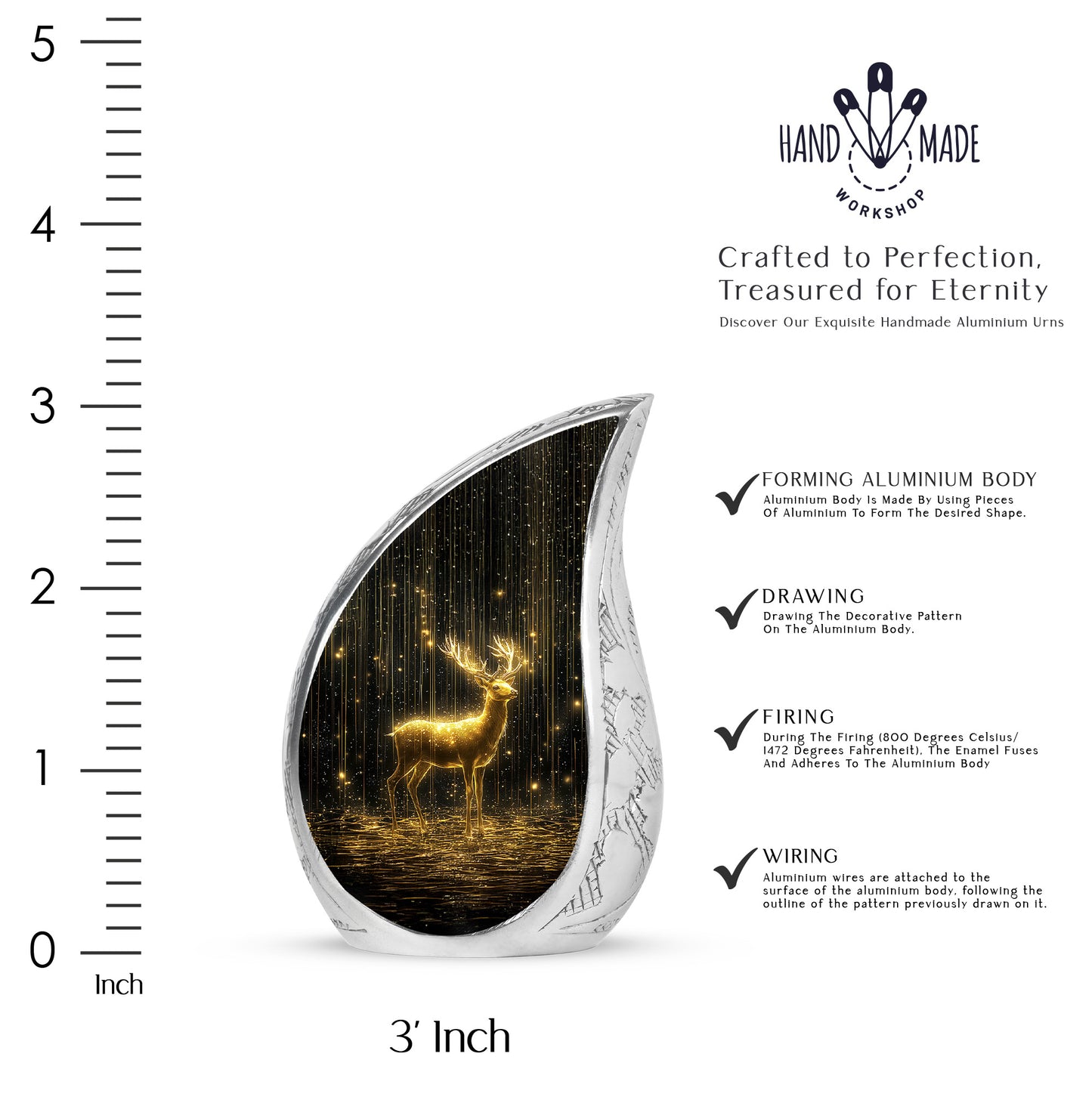 Rich Black Deer Cremation Urn angled view of lid and engraved motif - flowing teardrop deer silhouette on curved aluminum - mini keepsake memorial for portion of cremation ashes
