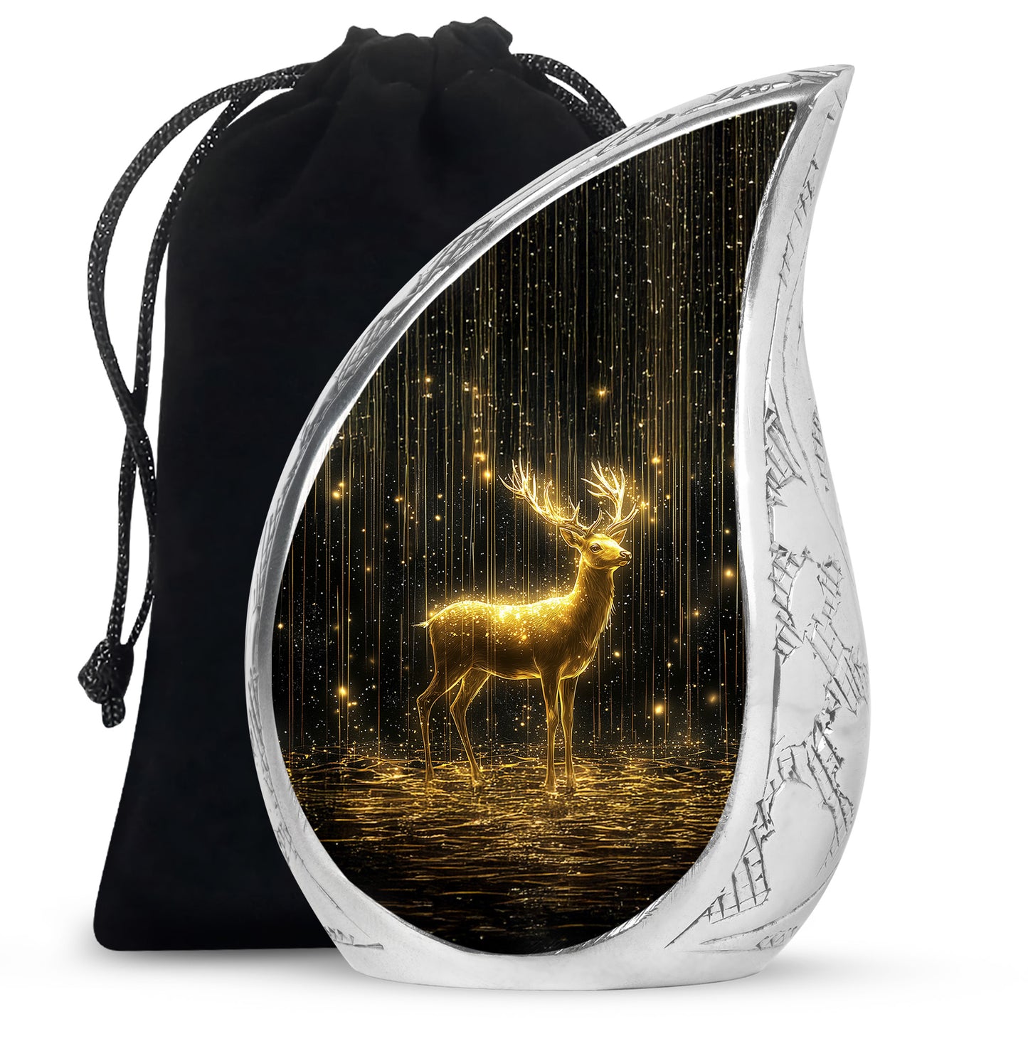 Charcoal Black Deer Cremation Urn front view showing detailed design - graceful tear-shaped urn with deer motif - full-size 10 inch 200 cubic inch adult cremation urn