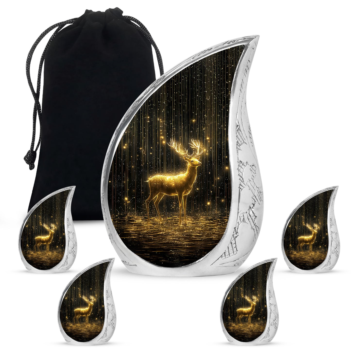 Obsidian Black Deer Cremation Urn side profile showing urn shape - smooth teardrop contour featuring deer art - memorial set with one large and four small urns