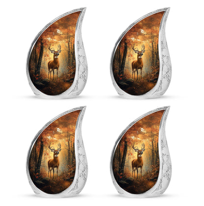 Burnished Gold Deer Cremation Urn close-up of engraving and surface detail - smooth teardrop contour featuring deer art - 10 inch aluminum urn for cremated remains
