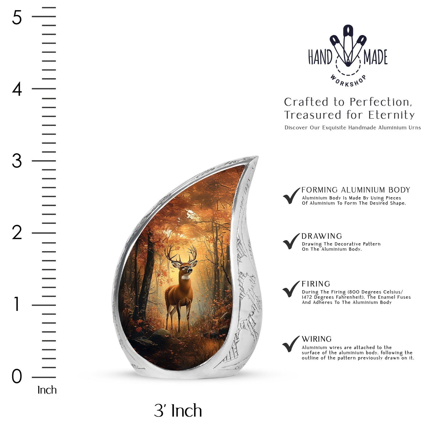 Amber Gold Deer Cremation Urn angled view of lid and engraved motif - rounded teardrop deer design with delicate detail - mini keepsake memorial for portion of cremation ashes