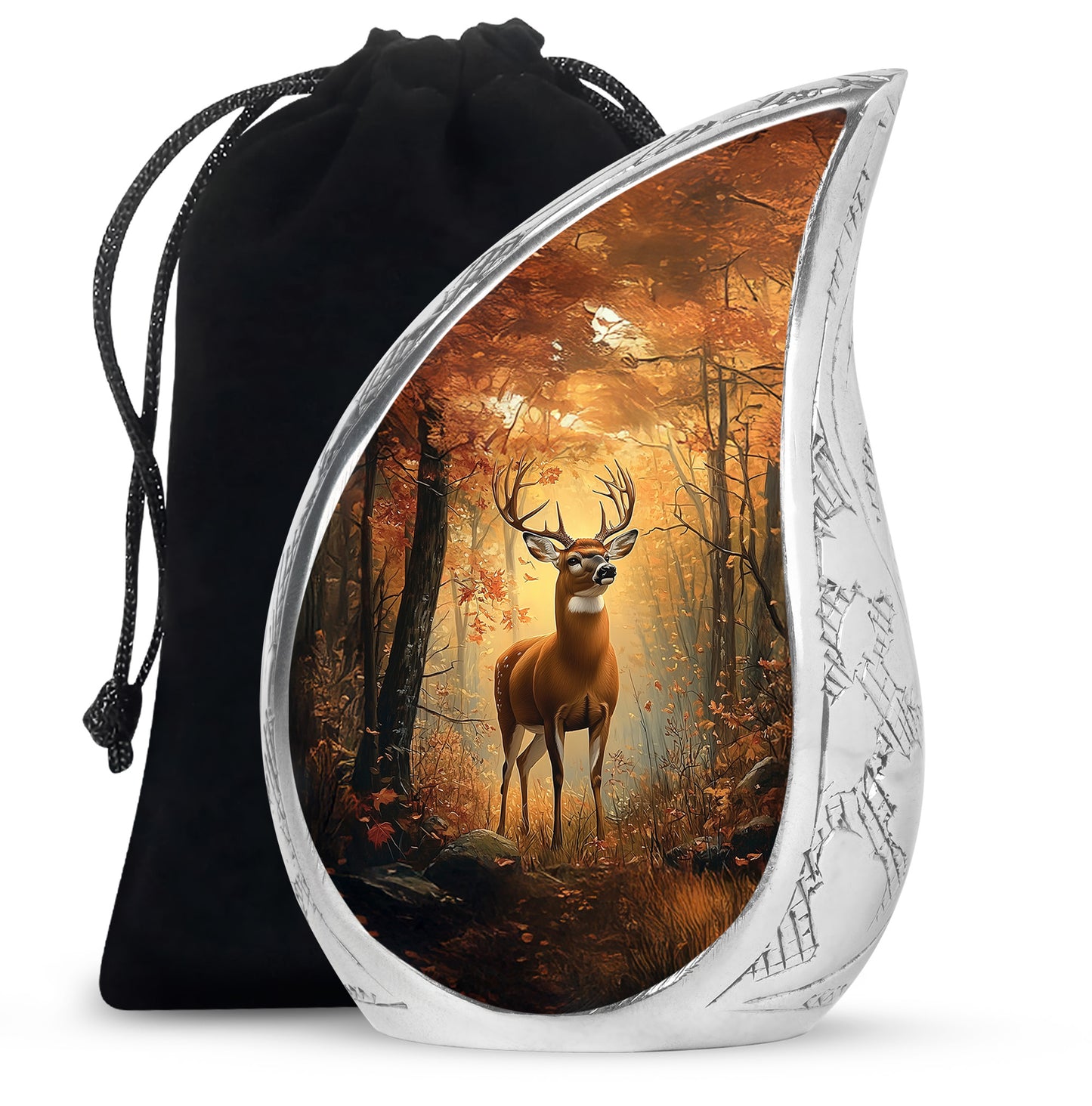 Matte Gold Deer Cremation Urn front view showing detailed design - graceful tear-shaped urn with deer motif - full-size 10 inch 200 cubic inch adult cremation urn
