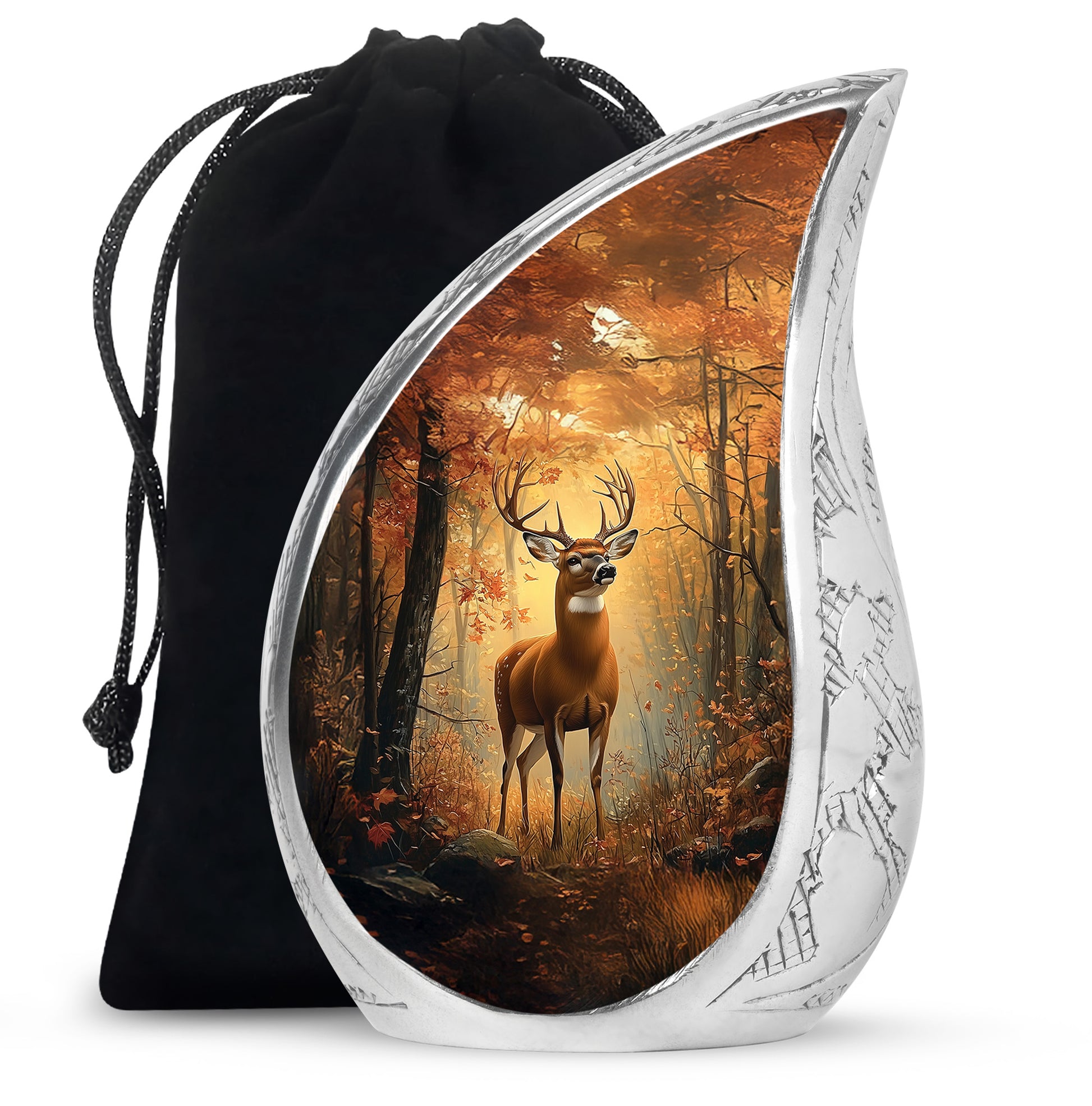 Matte Gold Deer Cremation Urn front view showing detailed design - graceful tear-shaped urn with deer motif - full-size 10 inch 200 cubic inch adult cremation urn
