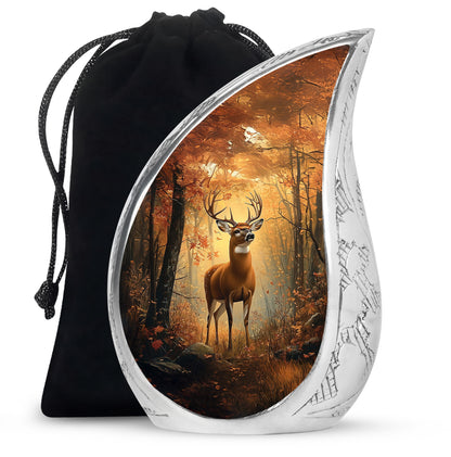 Matte Gold Deer Cremation Urn front view showing detailed design - graceful tear-shaped urn with deer motif - full-size 10 inch 200 cubic inch adult cremation urn