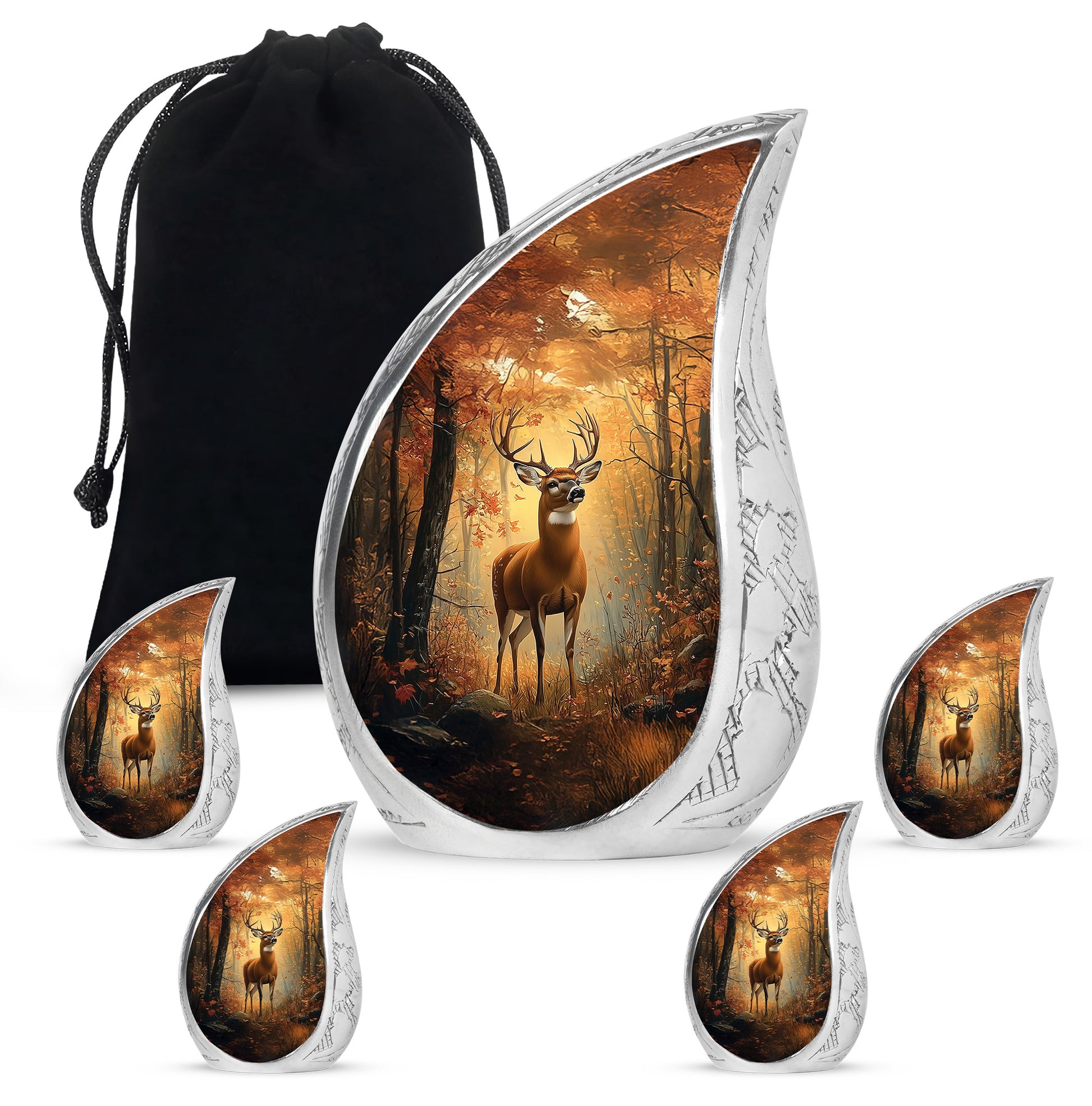 Gilded Gold Deer Cremation Urn side profile showing urn shape - rounded teardrop deer design with delicate detail - memorial set with one large and four small urns
