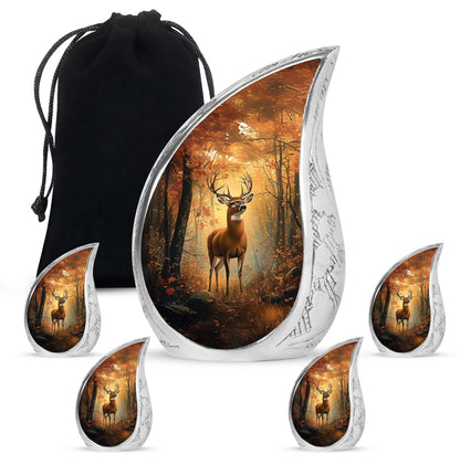 Gilded Gold Deer Cremation Urn side profile showing urn shape - rounded teardrop deer design with delicate detail - memorial set with one large and four small urns