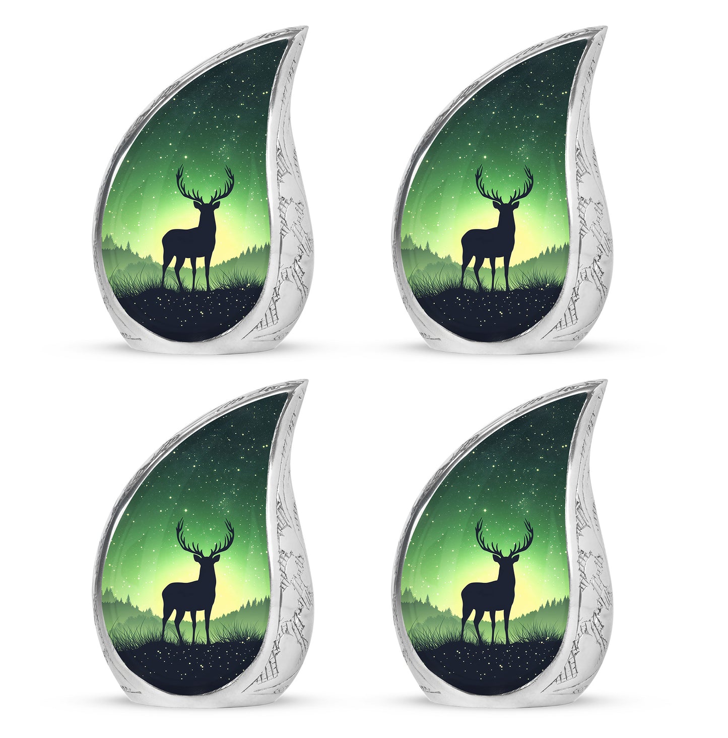 Moss Green Deer Cremation Urn close-up of engraving and surface detail - rounded teardrop deer design with delicate detail - 10 inch aluminum urn for cremated remains
