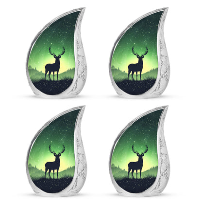 Moss Green Deer Cremation Urn close-up of engraving and surface detail - rounded teardrop deer design with delicate detail - 10 inch aluminum urn for cremated remains