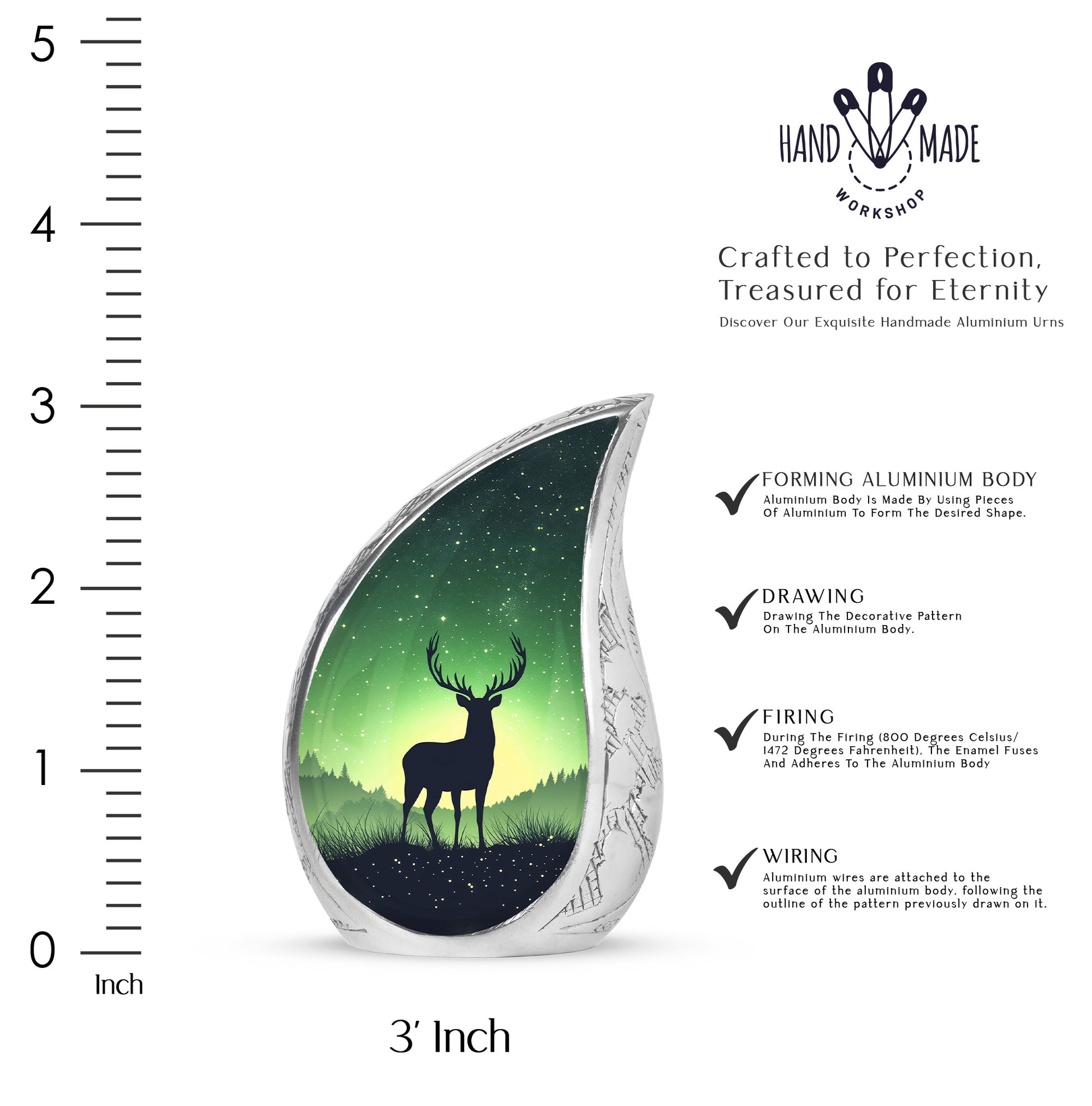 Pine Green Deer Cremation Urn angled view of lid and engraved motif - graceful tear-shaped urn with deer motif - mini keepsake memorial for portion of cremation ashes