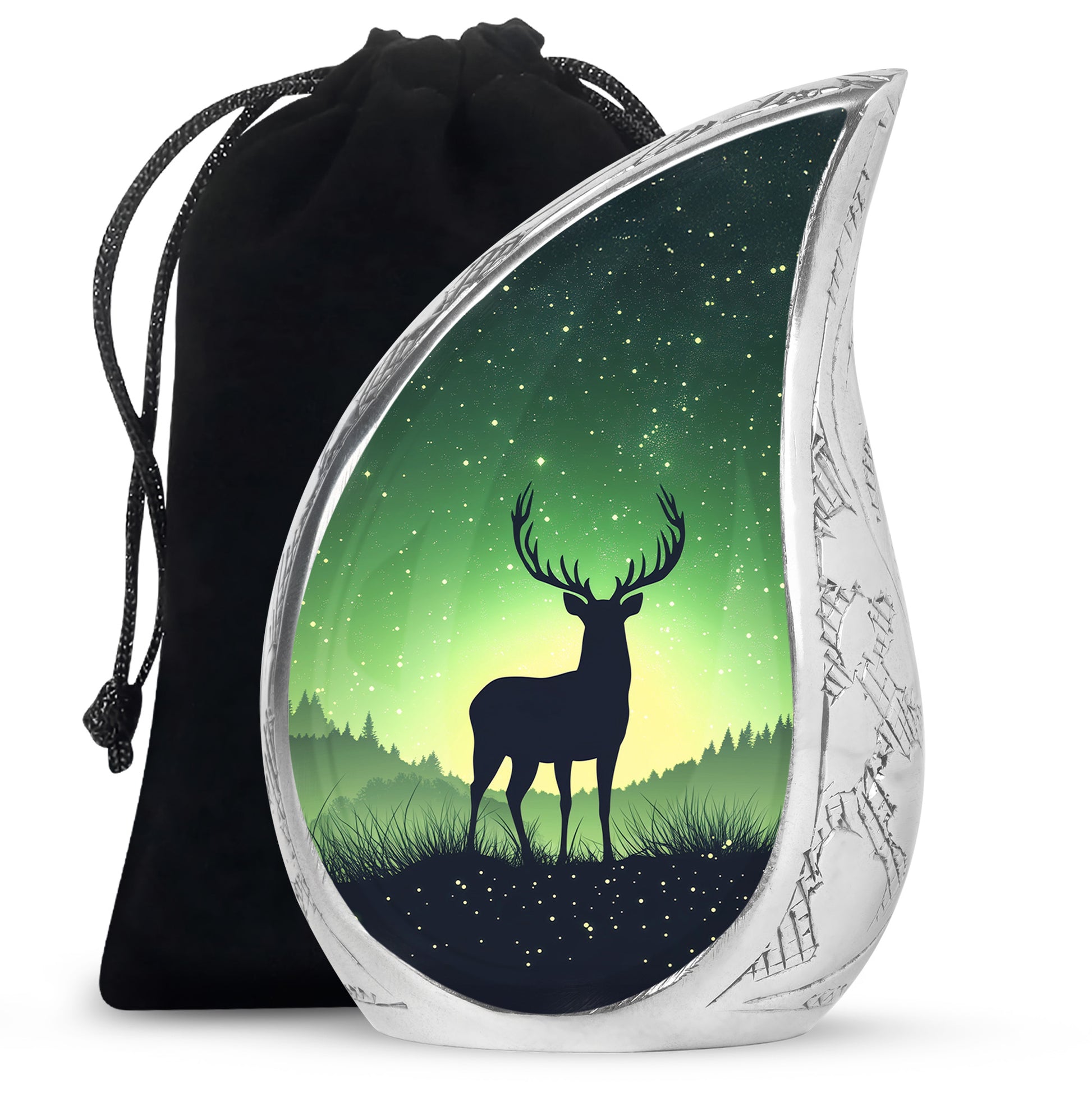 Hunter Green Deer Cremation Urn front view showing detailed design - graceful tear-shaped urn with deer motif - full-size 10 inch 200 cubic inch adult cremation urn