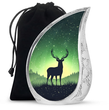Hunter Green Deer Cremation Urn front view showing detailed design - graceful tear-shaped urn with deer motif - full-size 10 inch 200 cubic inch adult cremation urn