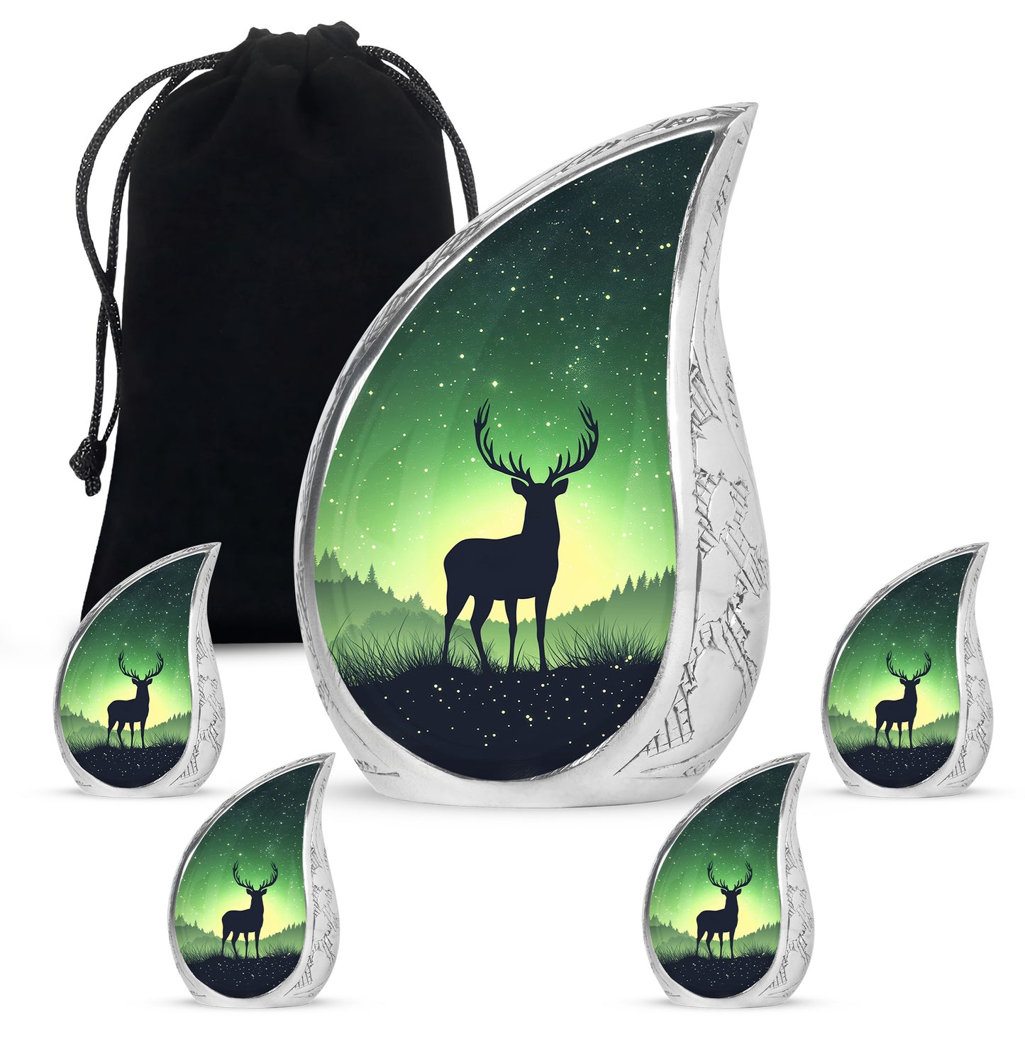 Sage Green Deer Cremation Urn side profile showing urn shape - rounded teardrop deer design with delicate detail - memorial set with one large and four small urns