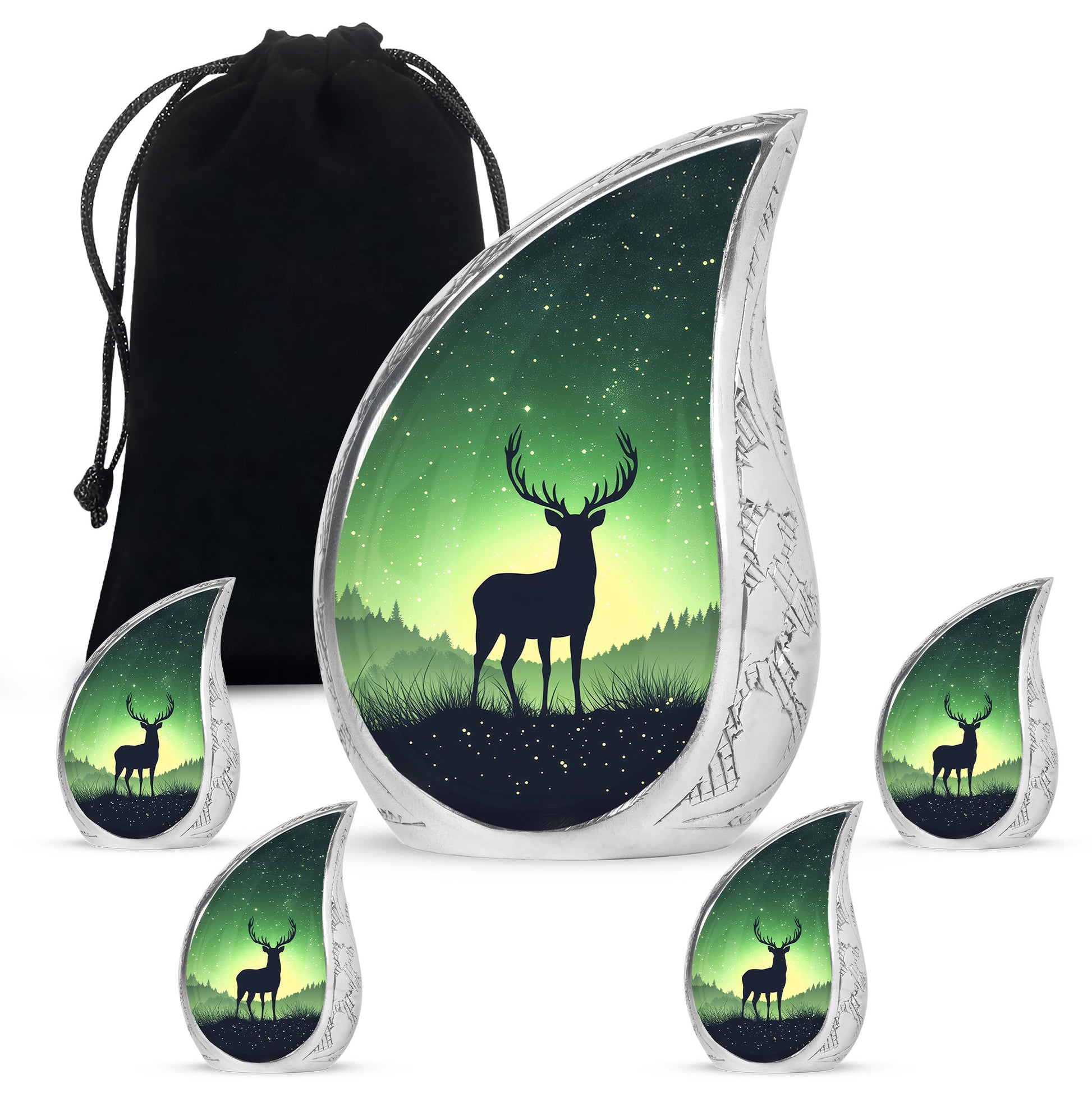 Sage Green Deer Cremation Urn side profile showing urn shape - rounded teardrop deer design with delicate detail - memorial set with one large and four small urns