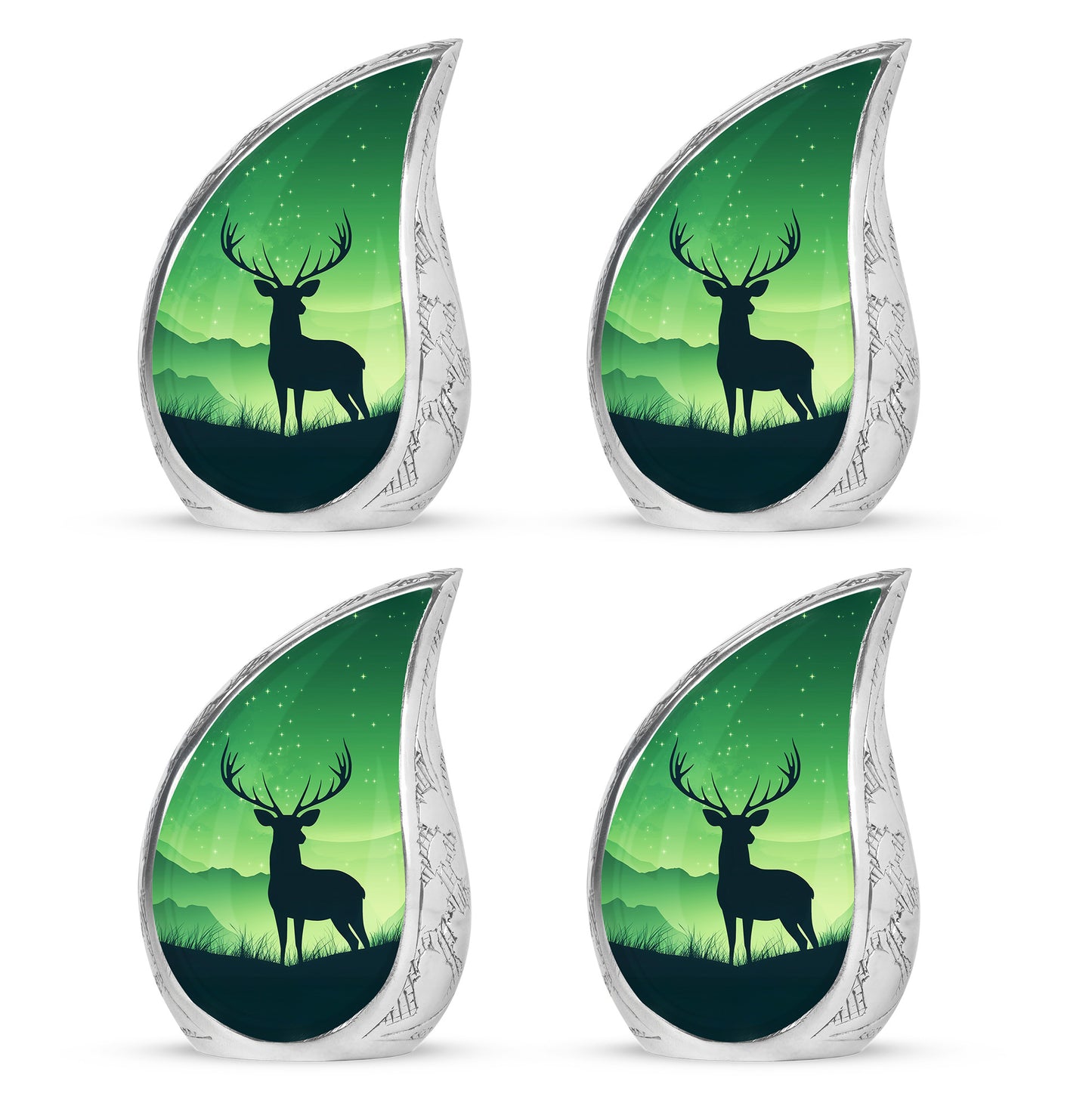 Pine Green Deer Cremation Urn close-up of engraving and surface detail - smooth teardrop contour featuring deer art - 10 inch aluminum urn for cremated remains