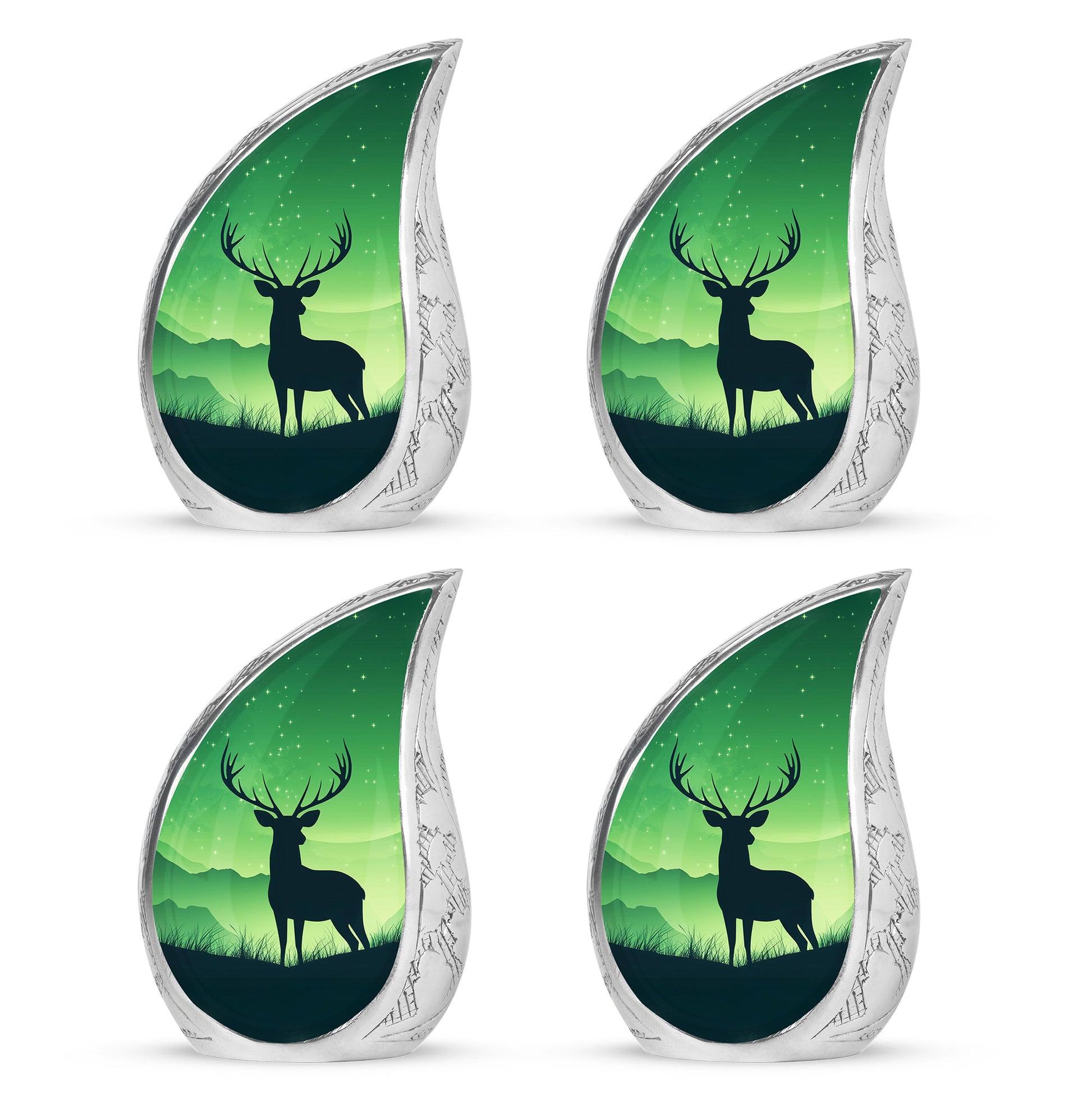 Pine Green Deer Cremation Urn close-up of engraving and surface detail - smooth teardrop contour featuring deer art - 10 inch aluminum urn for cremated remains