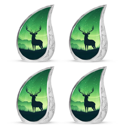 Pine Green Deer Cremation Urn close-up of engraving and surface detail - smooth teardrop contour featuring deer art - 10 inch aluminum urn for cremated remains