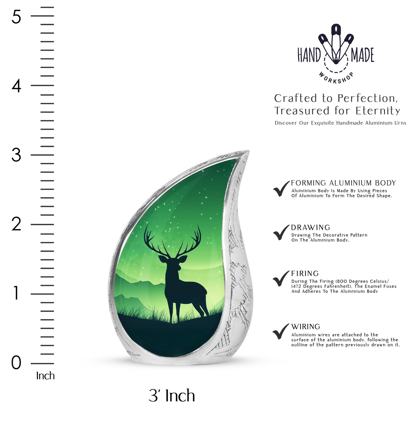 Forest Green Deer Cremation Urn angled view of lid and engraved motif - smooth teardrop contour featuring deer art - mini keepsake memorial for portion of cremation ashes
