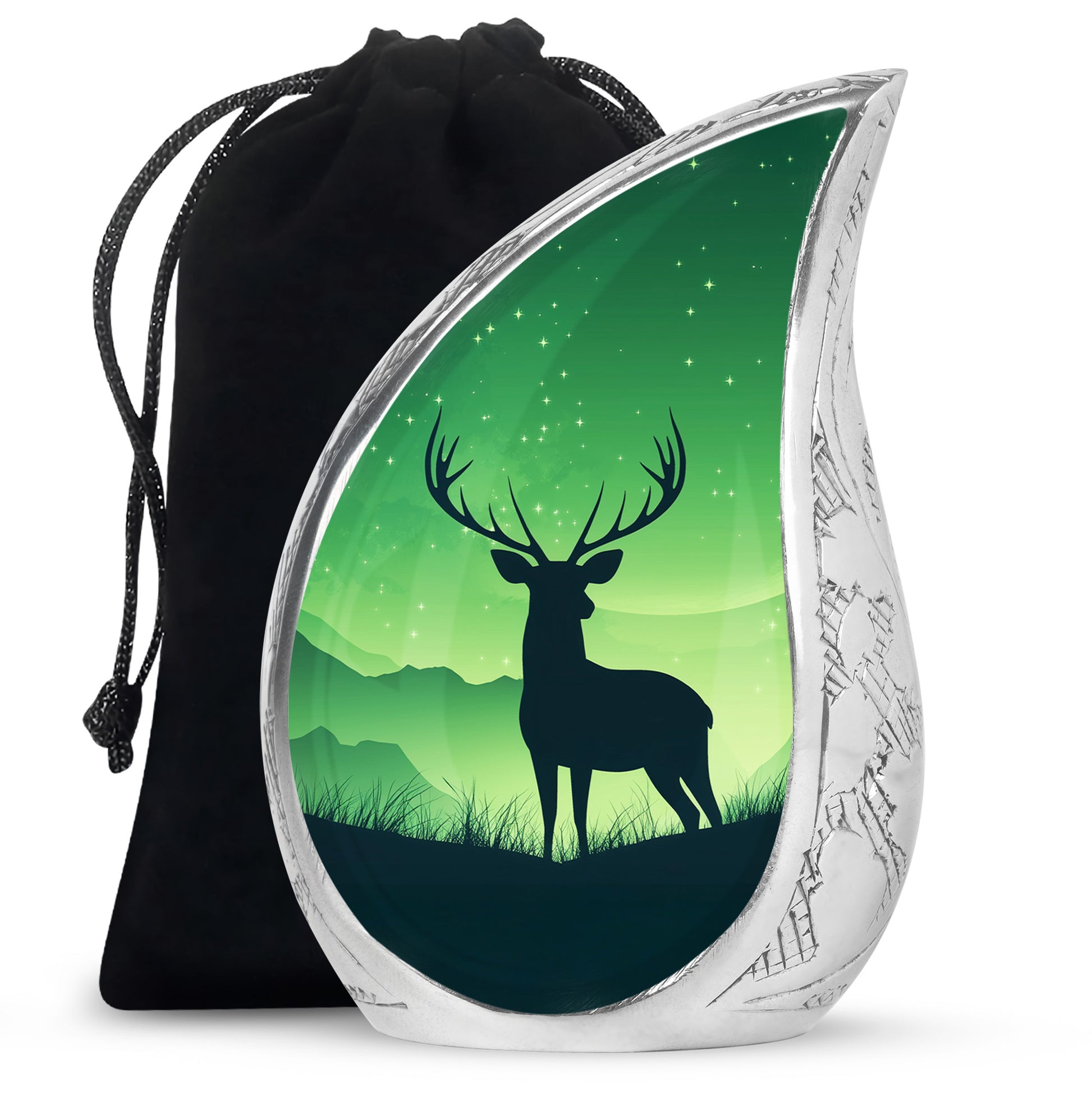 Pine Green Deer Cremation Urn front view showing detailed design - smooth teardrop contour featuring deer art - full-size 10 inch 200 cubic inch adult cremation urn