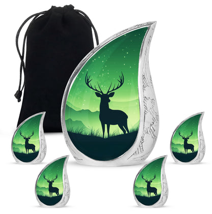 Forest Green Deer Cremation Urn side profile showing urn shape - graceful tear-shaped urn with deer motif - memorial set with one large and four small urns