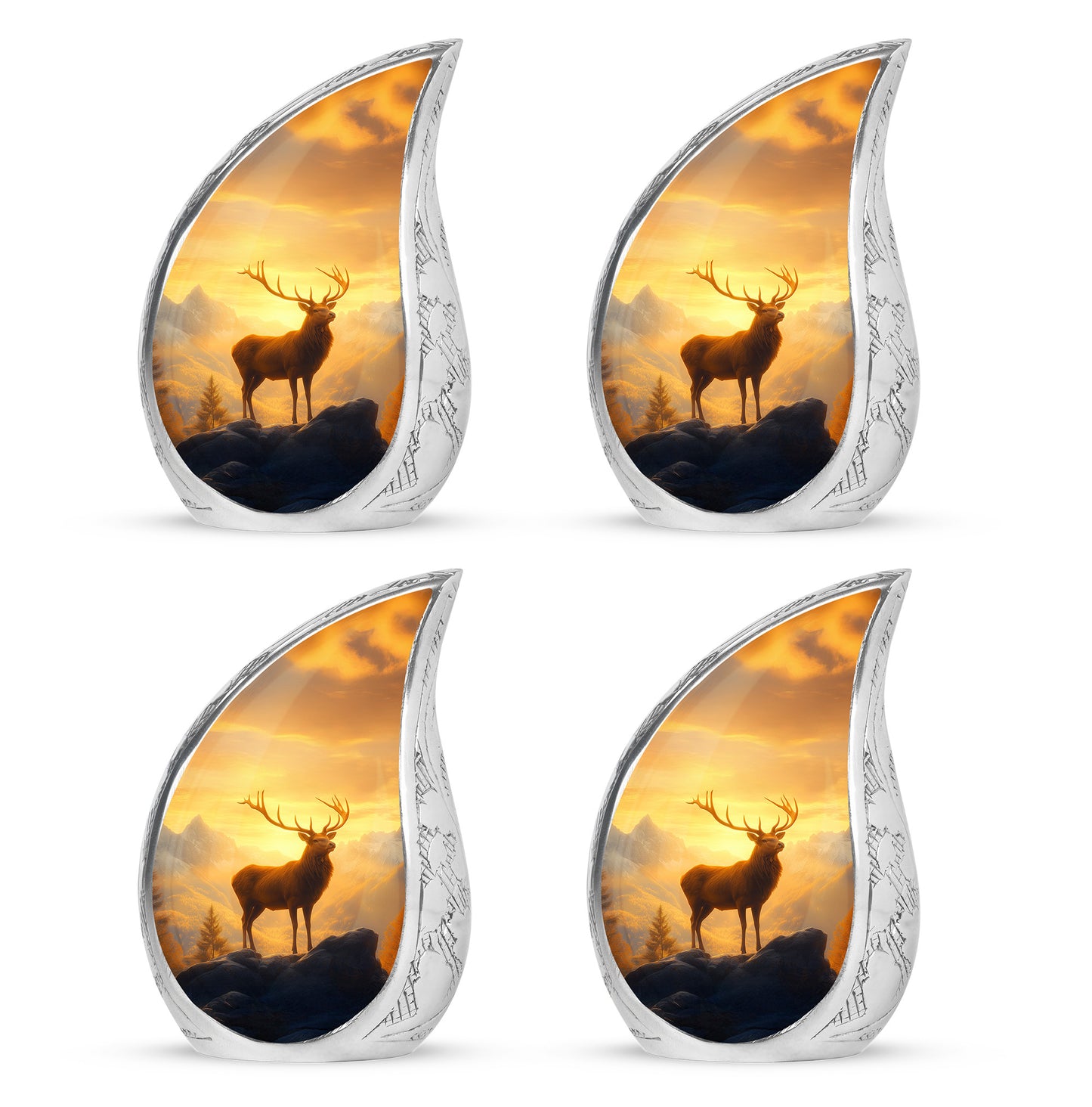 Sunrise Gold Deer Cremation Urn close-up of engraving and surface detail - flowing teardrop deer silhouette on curved aluminum - 10 inch aluminum urn for cremated remains
