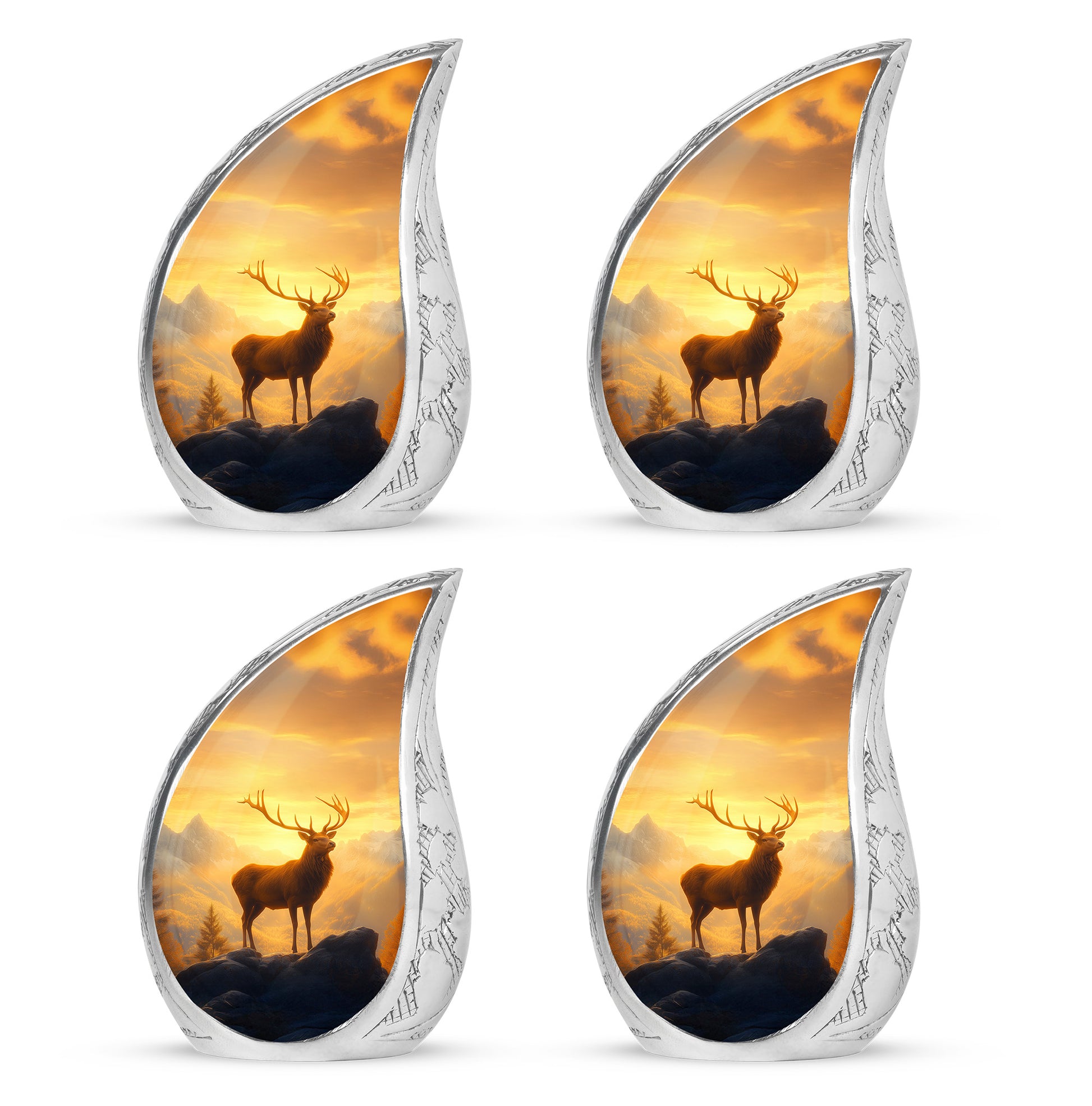 Sunrise Gold Deer Cremation Urn close-up of engraving and surface detail - flowing teardrop deer silhouette on curved aluminum - 10 inch aluminum urn for cremated remains
