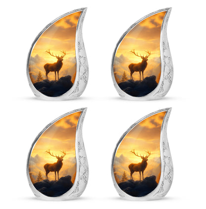 Sunrise Gold Deer Cremation Urn close-up of engraving and surface detail - flowing teardrop deer silhouette on curved aluminum - 10 inch aluminum urn for cremated remains