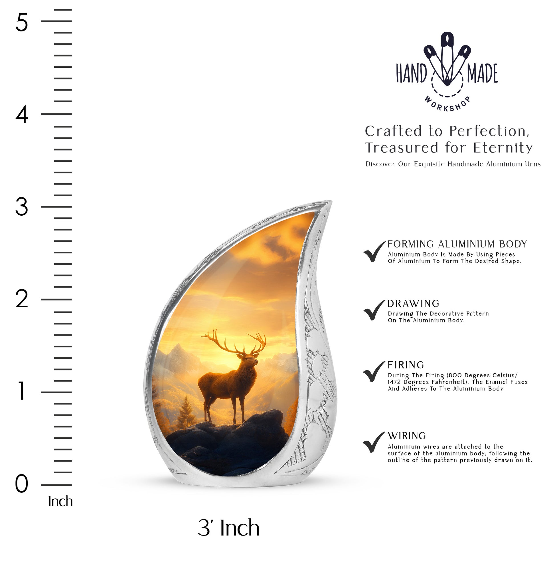 Warm Gold Deer Cremation Urn angled view of lid and engraved motif - smooth teardrop contour featuring deer art - mini keepsake memorial for portion of cremation ashes