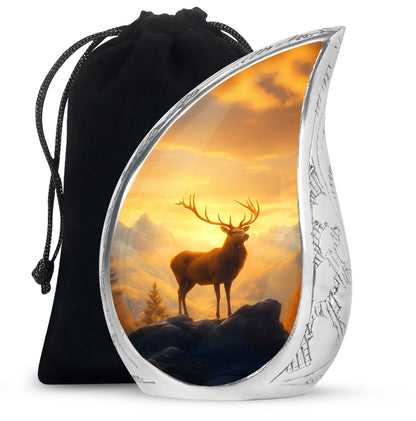 Gilded Gold Deer Cremation Urn front view showing detailed design - flowing teardrop deer silhouette on curved aluminum - full-size 10 inch 200 cubic inch adult cremation urn