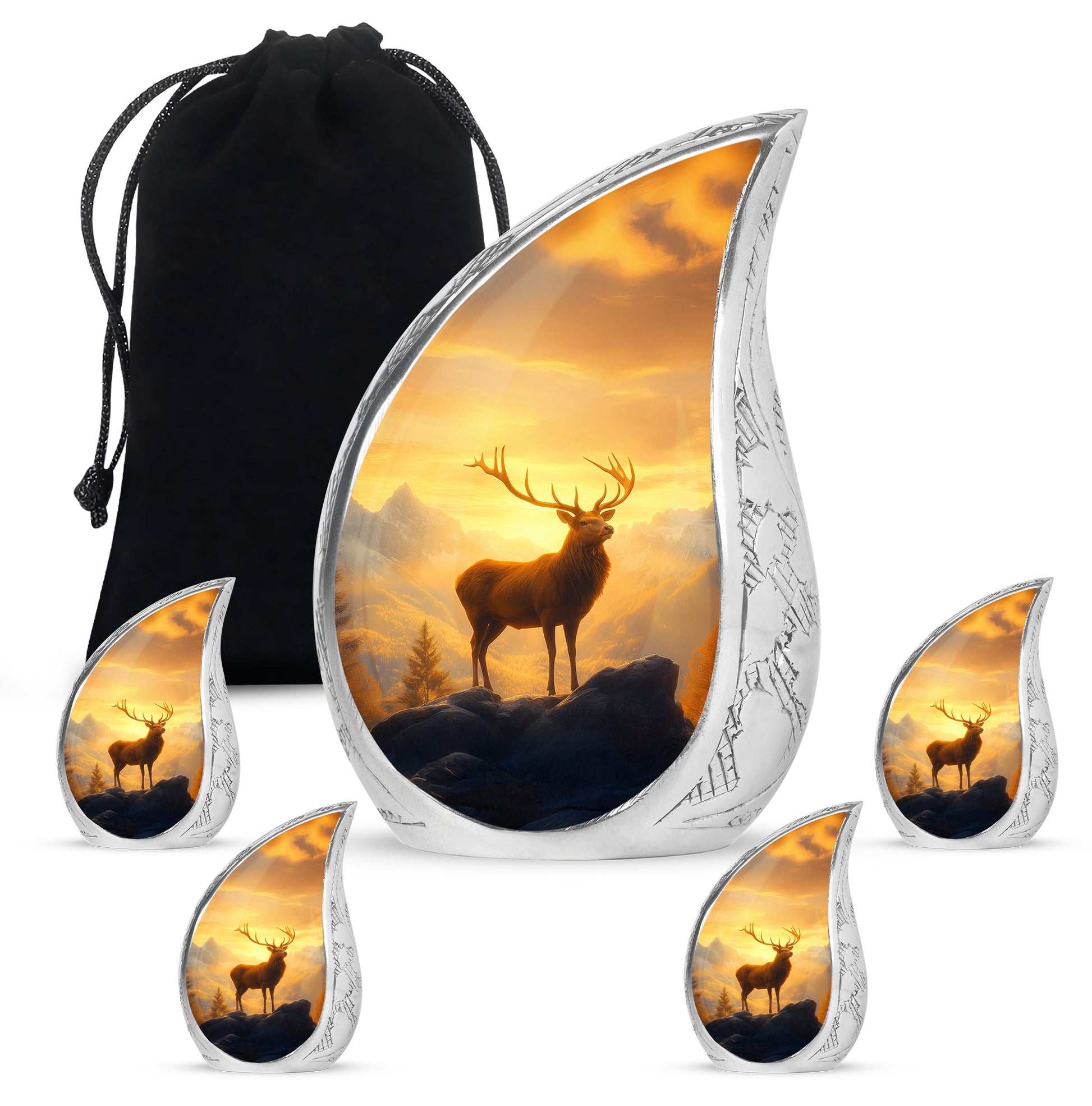 Warm Gold Deer Cremation Urn side profile showing urn shape - graceful tear-shaped urn with deer motif - memorial set with one large and four small urns