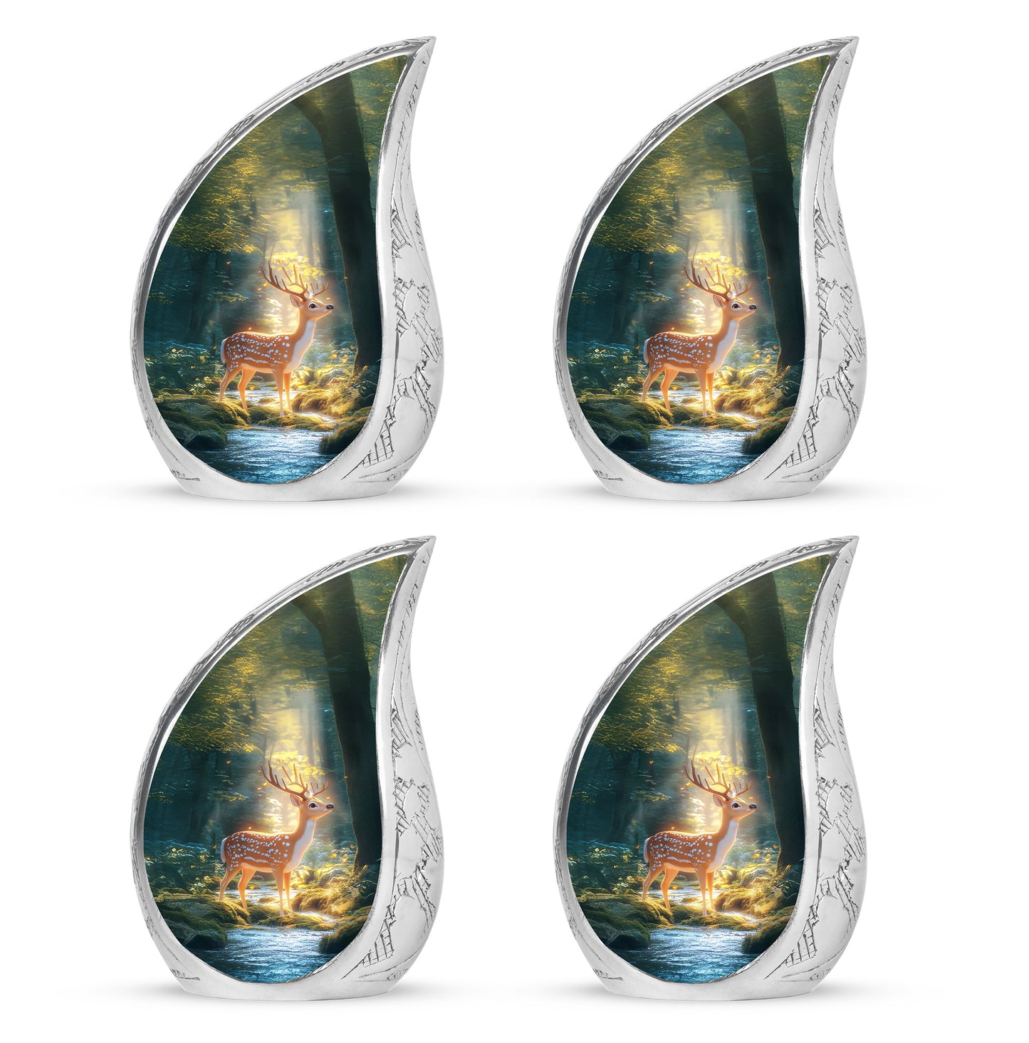 Cool Teal Deer Cremation Urn close-up of engraving and surface detail - rounded teardrop deer design with delicate detail - 10 inch aluminum urn for cremated remains