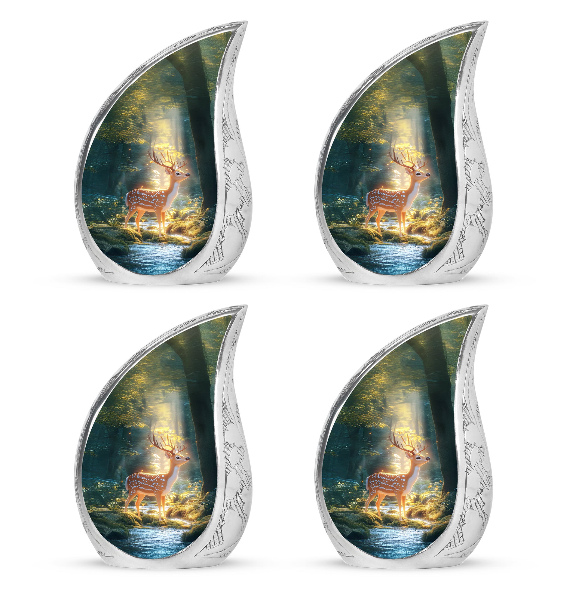 Cool Teal Deer Cremation Urn close-up of engraving and surface detail - rounded teardrop deer design with delicate detail - 10 inch aluminum urn for cremated remains