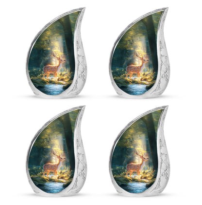 Cool Teal Deer Cremation Urn close-up of engraving and surface detail - rounded teardrop deer design with delicate detail - 10 inch aluminum urn for cremated remains