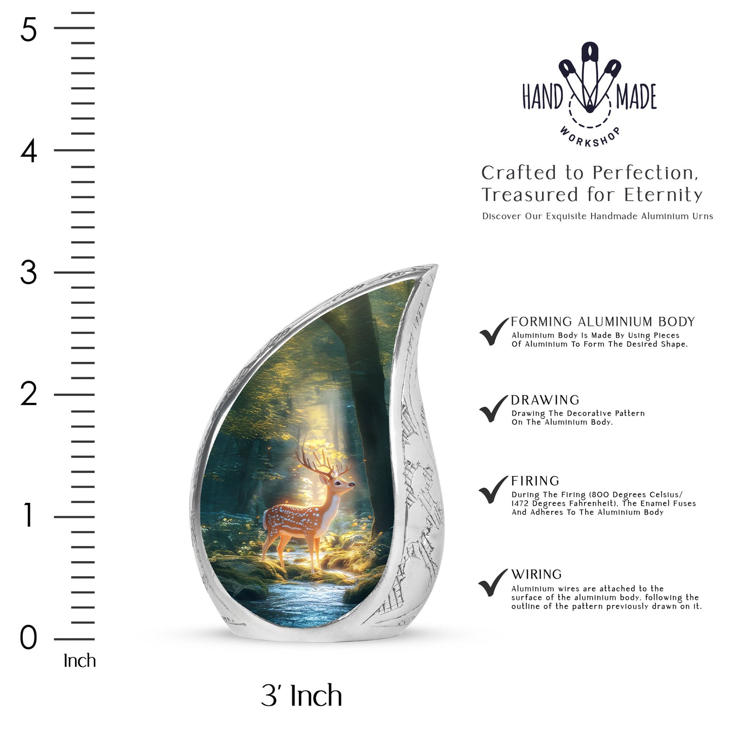 Vivid Teal Deer Cremation Urn angled view of lid and engraved motif - graceful tear-shaped urn with deer motif - mini keepsake memorial for portion of cremation ashes