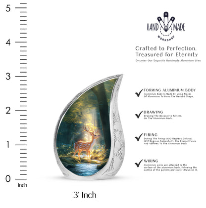 Vivid Teal Deer Cremation Urn angled view of lid and engraved motif - graceful tear-shaped urn with deer motif - mini keepsake memorial for portion of cremation ashes