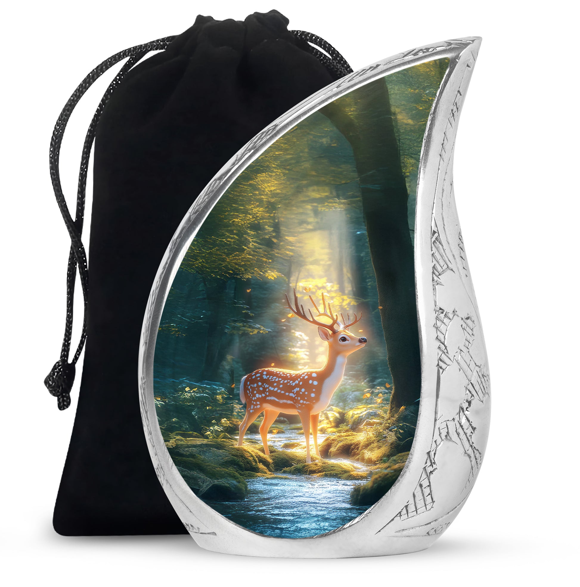 Sea Green Teal Deer Cremation Urn front view showing detailed design - rounded teardrop deer design with delicate detail - full-size 10 inch 200 cubic inch adult cremation urn