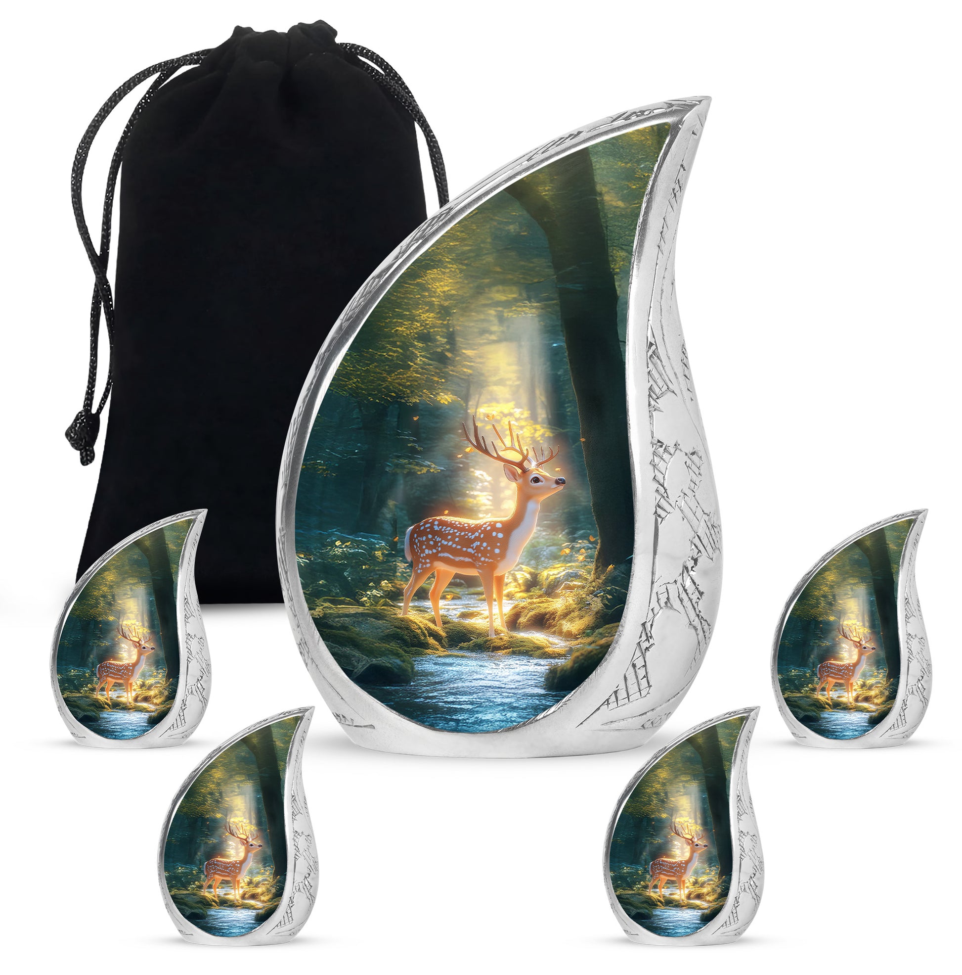 Sea Green Teal Deer Cremation Urn side profile showing urn shape - rounded teardrop deer design with delicate detail - memorial set with one large and four small urns
