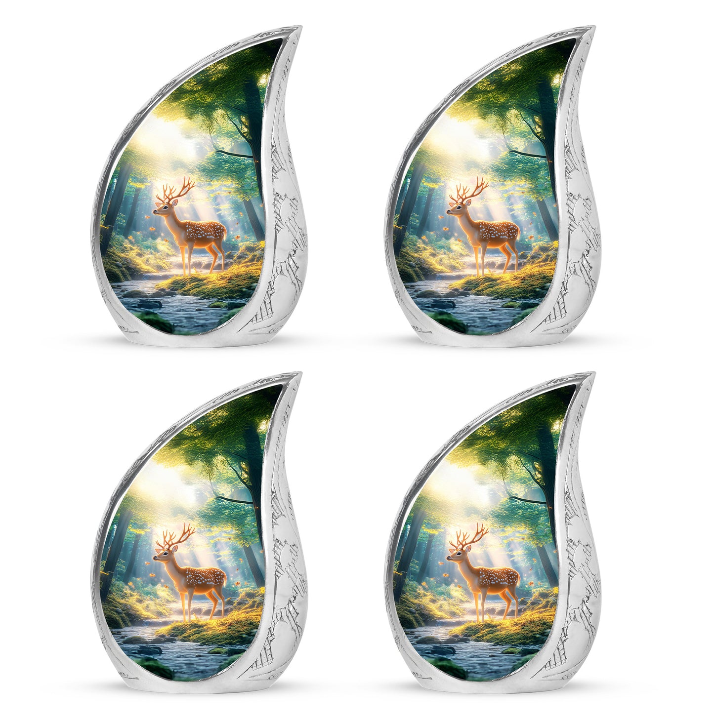 Calming Blue Deer Cremation Urn close-up of engraving and surface detail - smooth teardrop contour featuring deer art - 10 inch aluminum urn for cremated remains