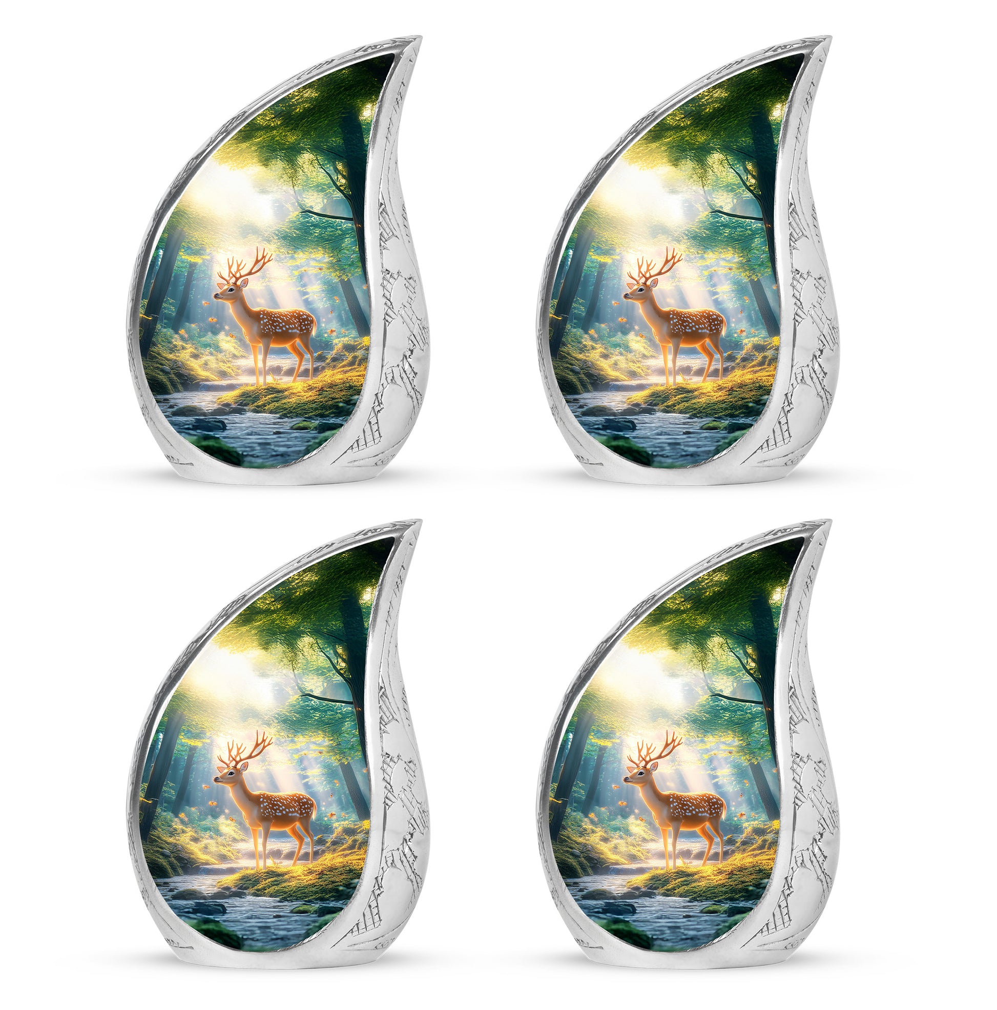 Calming Blue Deer Cremation Urn close-up of engraving and surface detail - smooth teardrop contour featuring deer art - 10 inch aluminum urn for cremated remains