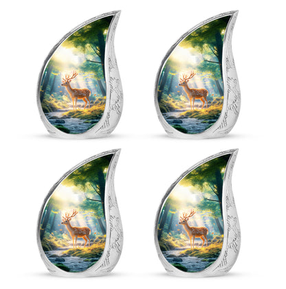 Calming Blue Deer Cremation Urn close-up of engraving and surface detail - smooth teardrop contour featuring deer art - 10 inch aluminum urn for cremated remains