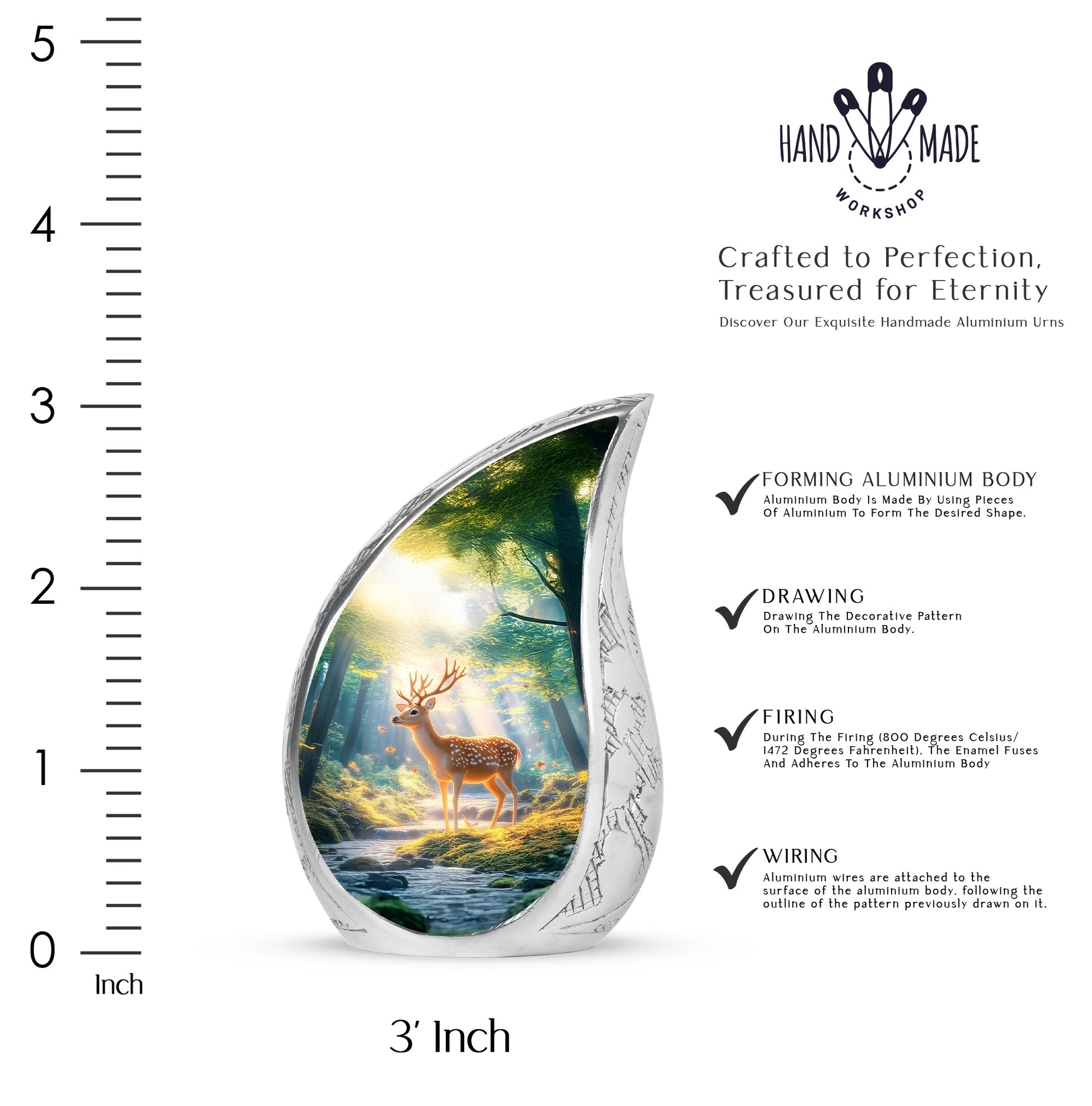 Azure Deer Cremation Urn angled view of lid and engraved motif - rounded teardrop deer design with delicate detail - mini keepsake memorial for portion of cremation ashes